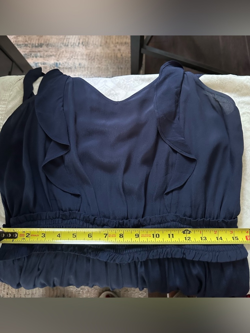 LOFT Navy Sleeveless Wide Leg Jumpsuit Ruffle Trim Smocked Waist Size Large - Picture 9 of 11